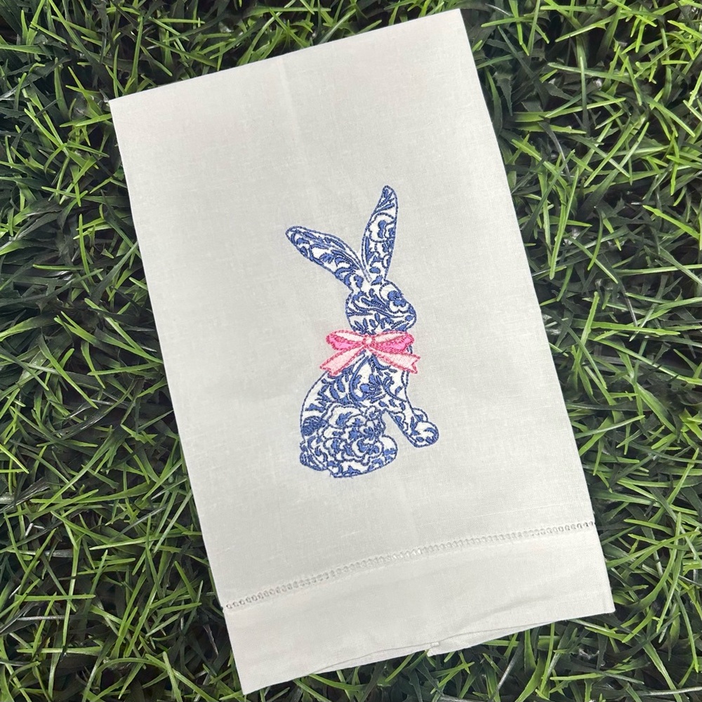 Easter/Spring Embroidered Chinoiserie Bunny tea towel